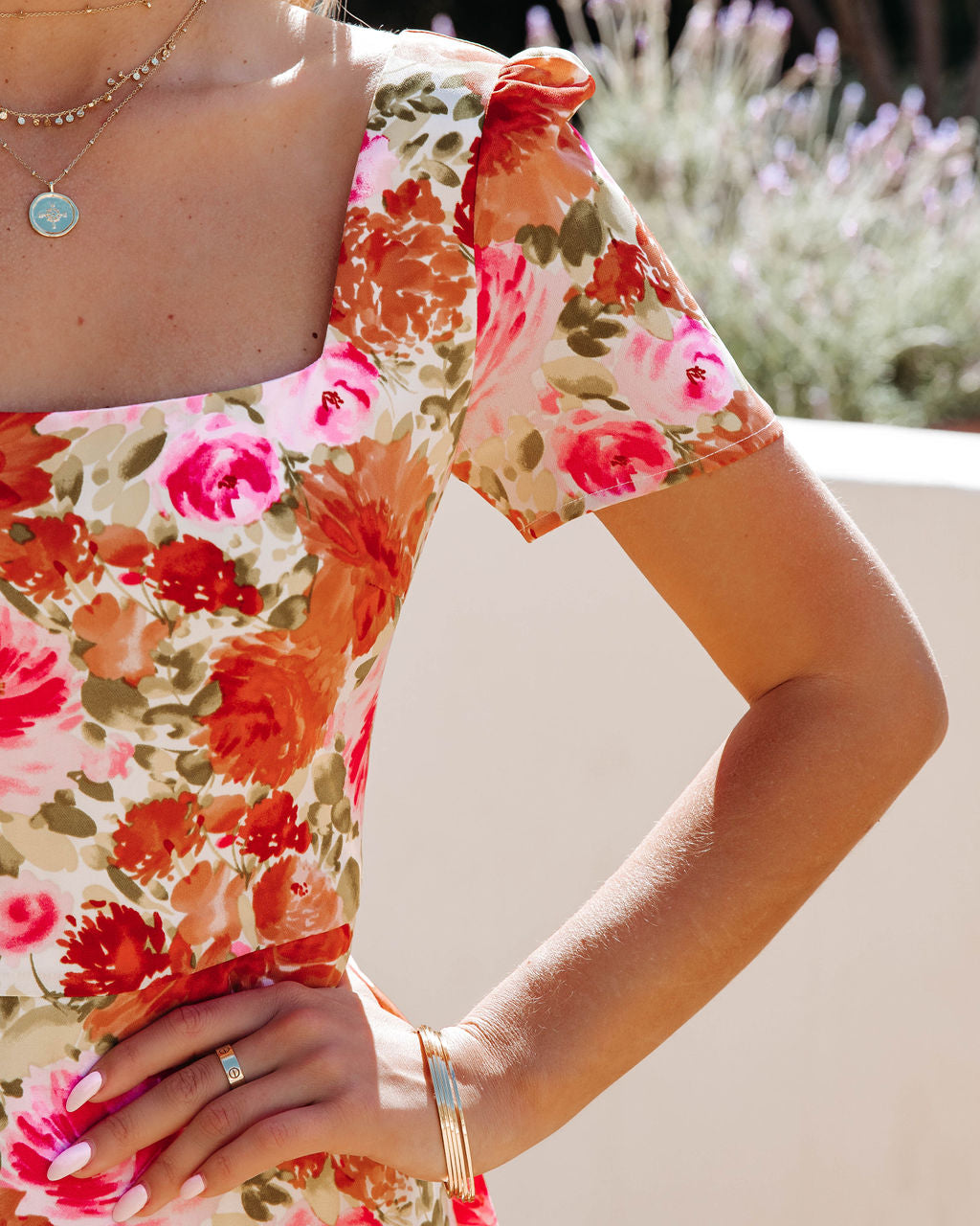 Aviana Floral Square Neck Midi Dress Multi