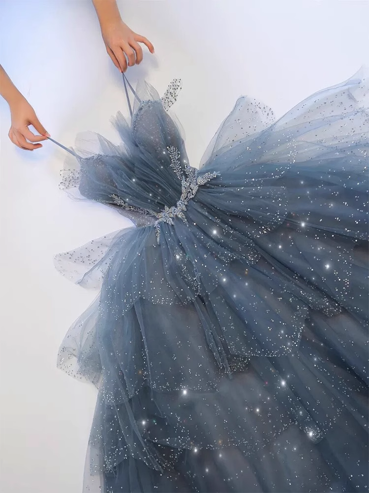 Vintage A line Straps Tulle Dusty Blue Long Prom Dress