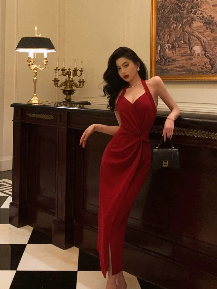 Classy Sheath Halter Red Slit Velvet Prom Dresses Birthday Outfits - VelvetHem