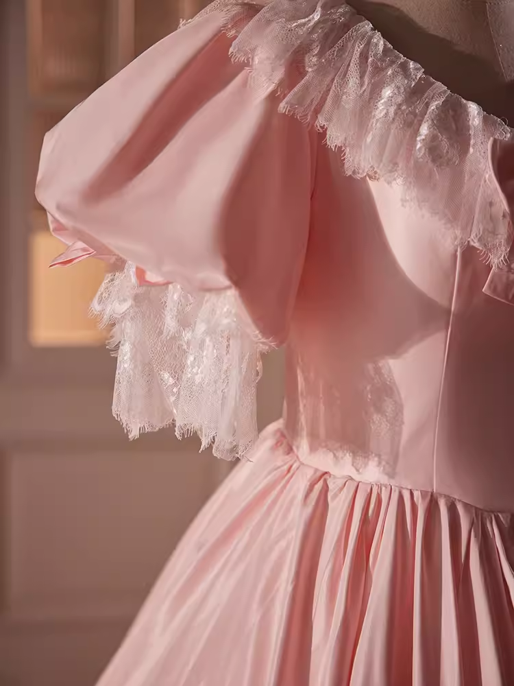 Vintage Ball Gown Pink Short Sleeves Lace Sweet 16 Dresses - View 4 | VelvetHem