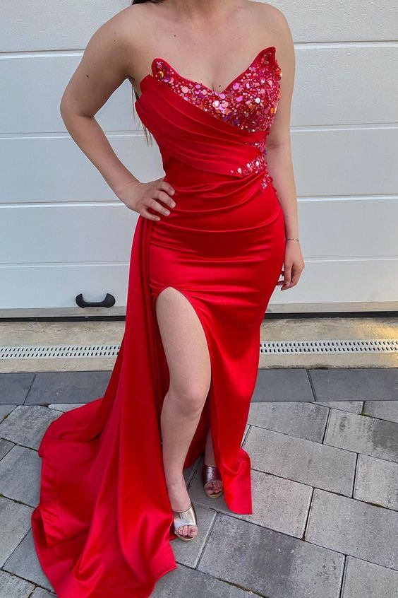 Red Sweetheart Long Sequins Mermaid Prom Dress Slit With Ruffles - VelvetHem