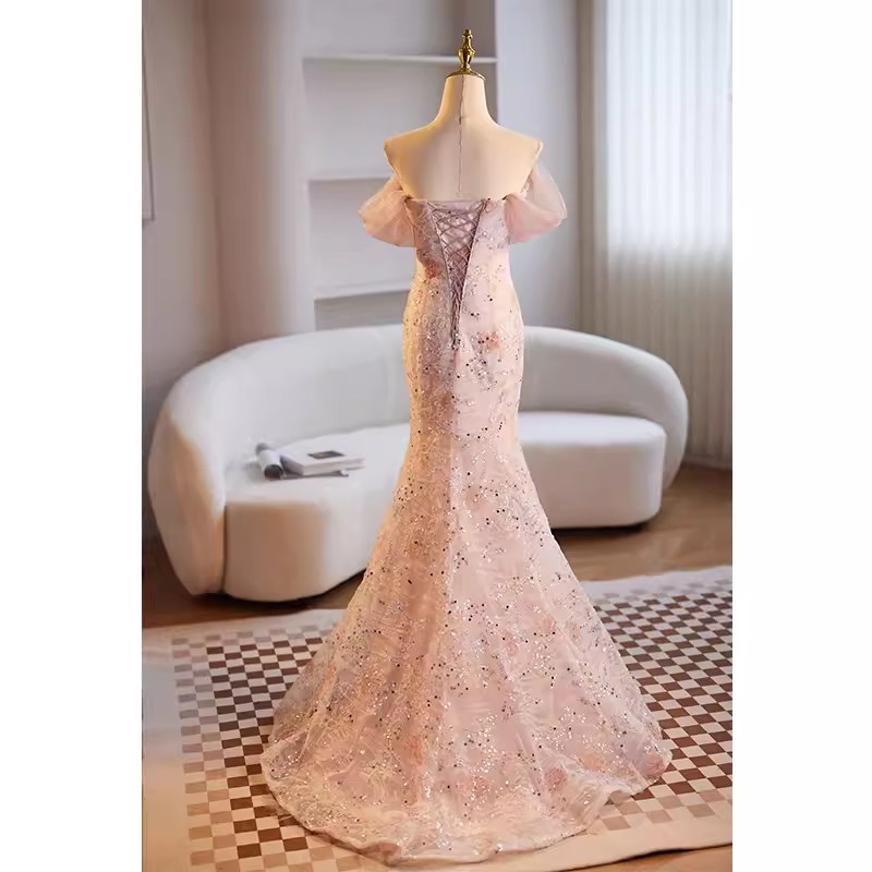 Modest Mermaid Off The Shoulder Long Pink Prom Dress - View 5 | VelvetHem