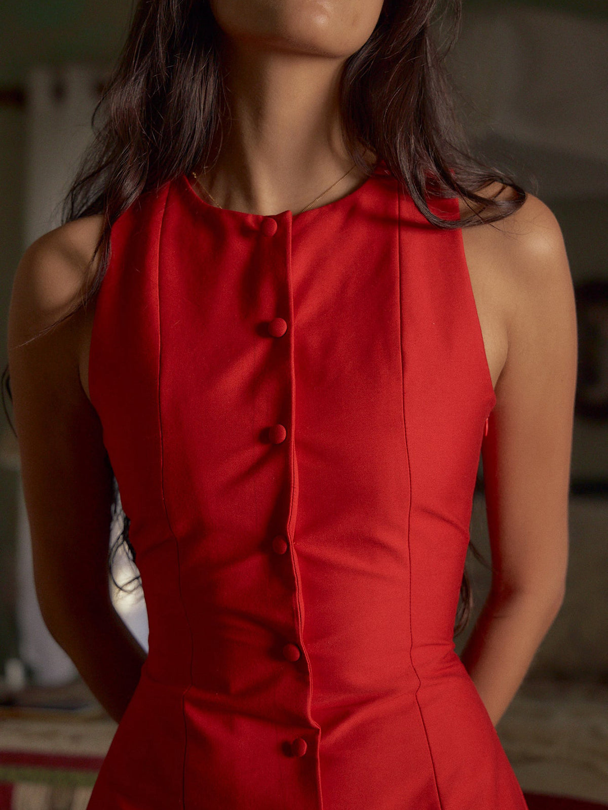 Button Front Sleeveless Short Dress