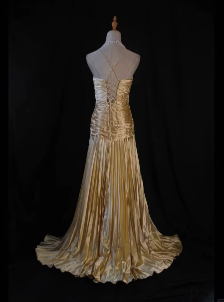 Gorgeous Gold Satin Pleated Party Prom Dress,Formal Evening Gown With Beaded
