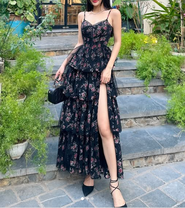 Beautiful Black Chiffon Print Floral Party Dress A Line Slit Layered Evening Dress - View 3 | VelvetHem