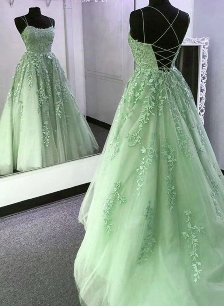 Simple A-Line Spaghetti Straps Lace Green Backless Long Prom Dress