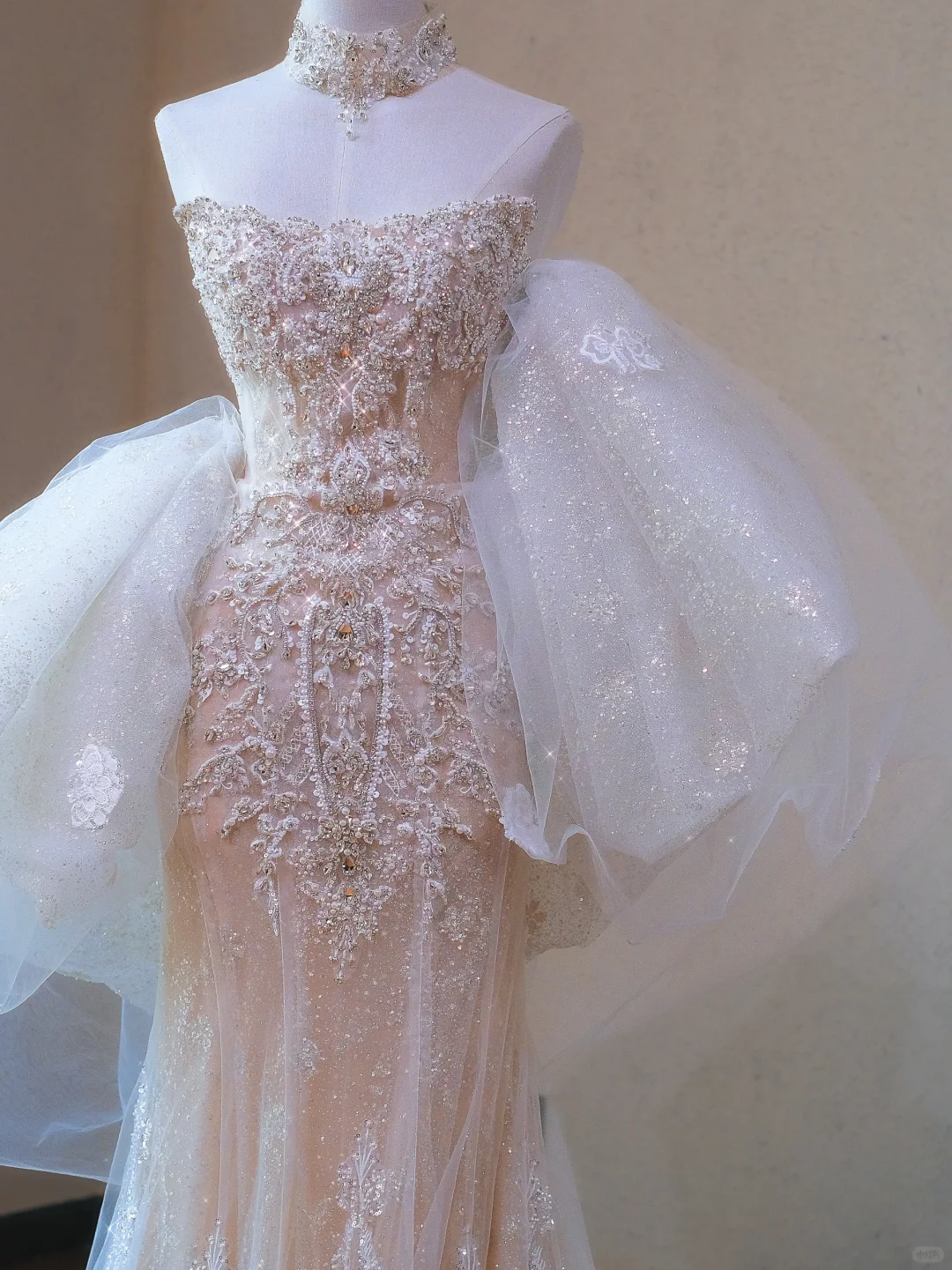 Classy Champagne Strapless Tulle Lace Appliques Mermaid Long Wedding Dress - View 3 | VelvetHem