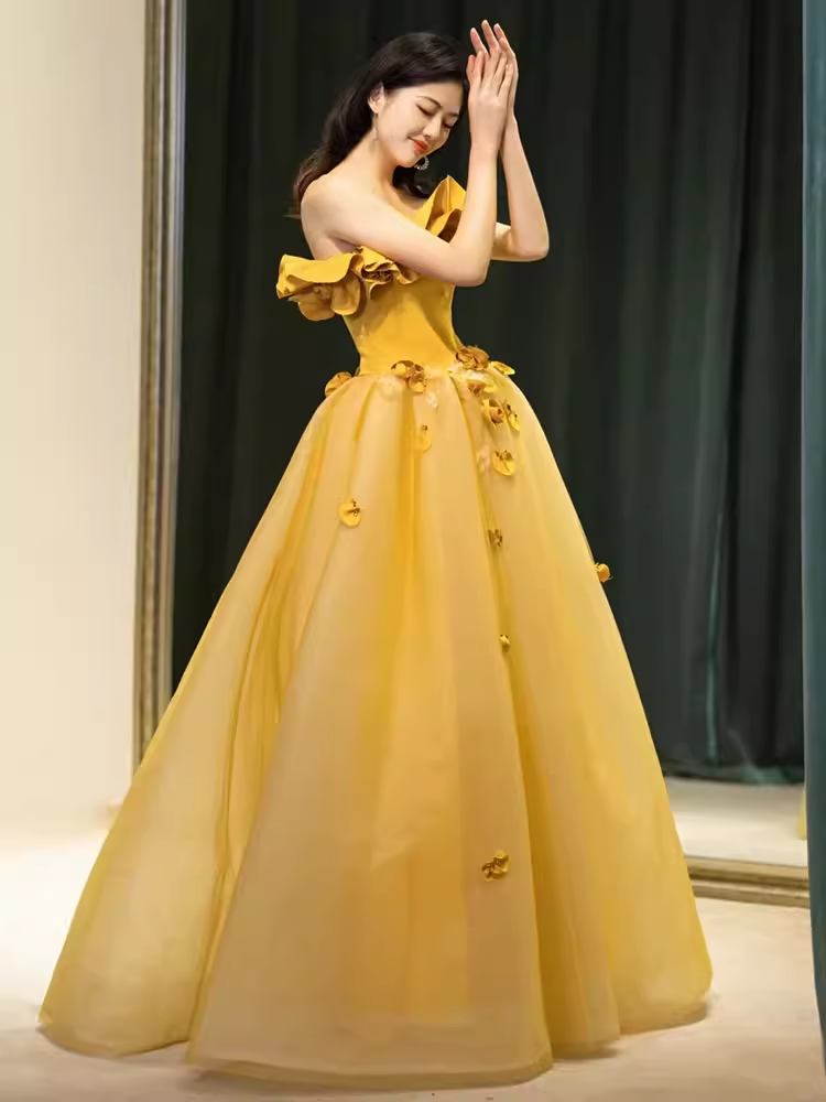Fairy Ball Gown Sleeveless Yellow Long Floral Prom Dress - View 4 | VelvetHem