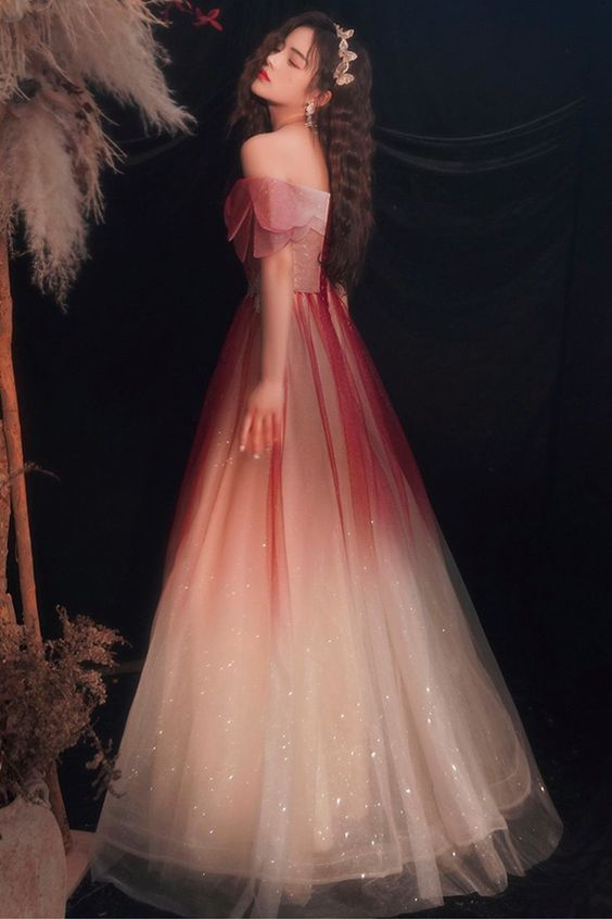 Cute Tulle Sequins Long Prom Dresses A-Line Ombre Evening Dresses Y5850 - VelvetHem