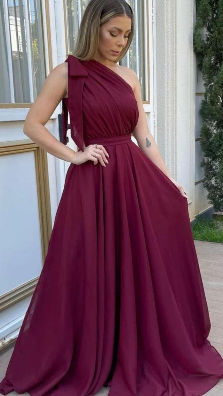 One Shoulder Maroon Chiffon Long Prom Dresses, One Shoulder Formal Evening Dresses - VelvetHem