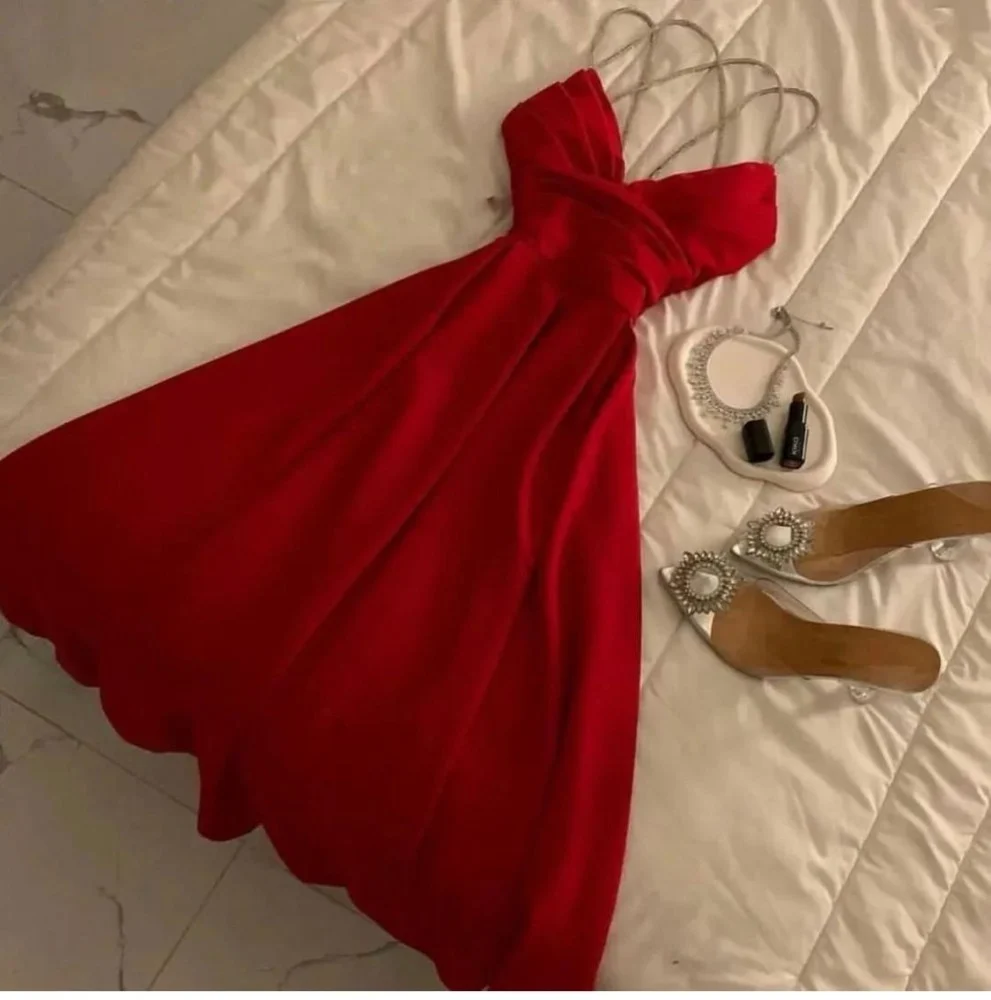 Gorgeous Red Satin Beaded V Neck Evening Dress A Line Party Evening Dress - VelvetHem