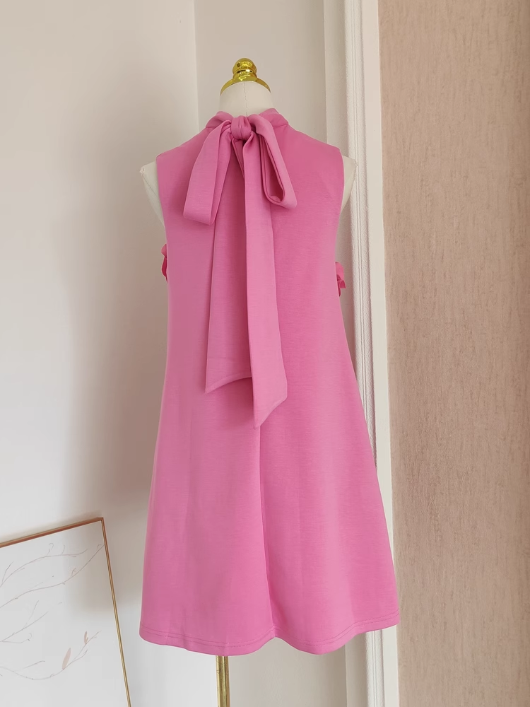 Cute A line High Neckline Pink Satin Short Homecoming Dresses Birthday Outfits - View 2 | VelvetHem