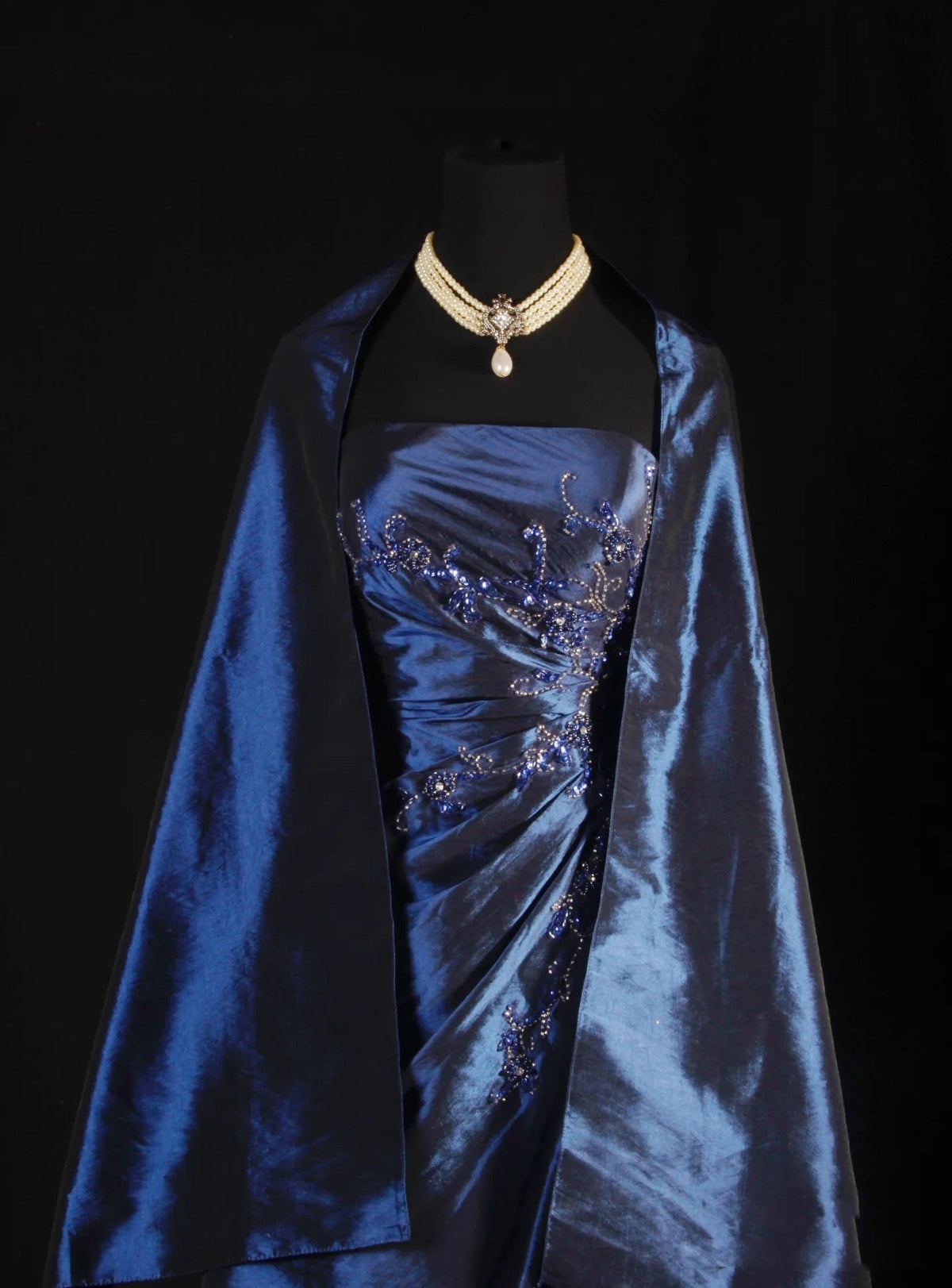 Vintage Ball Gown Strapless Navy Blue Satin Long Prom Dresses Party Dress - View 5 | VelvetHem