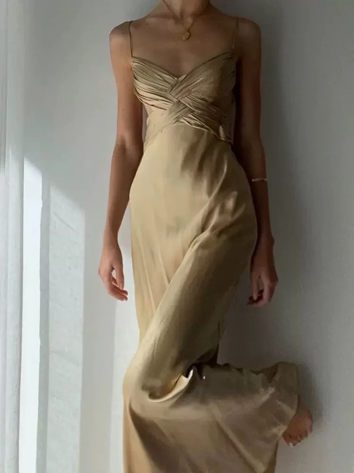 Sexy Backless A Line Satin Prom Dress Ruched Party Dress Evening Dress - VelvetHem