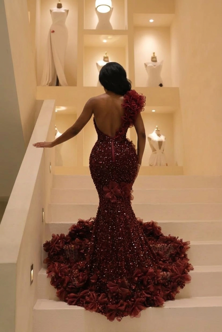 The Bordeaux Bloom - 2026 One-Shoulder Sequin Mermaid Gown: 3D Floral Appliqués & Crushed Garnet Beadwork (ZD17395)