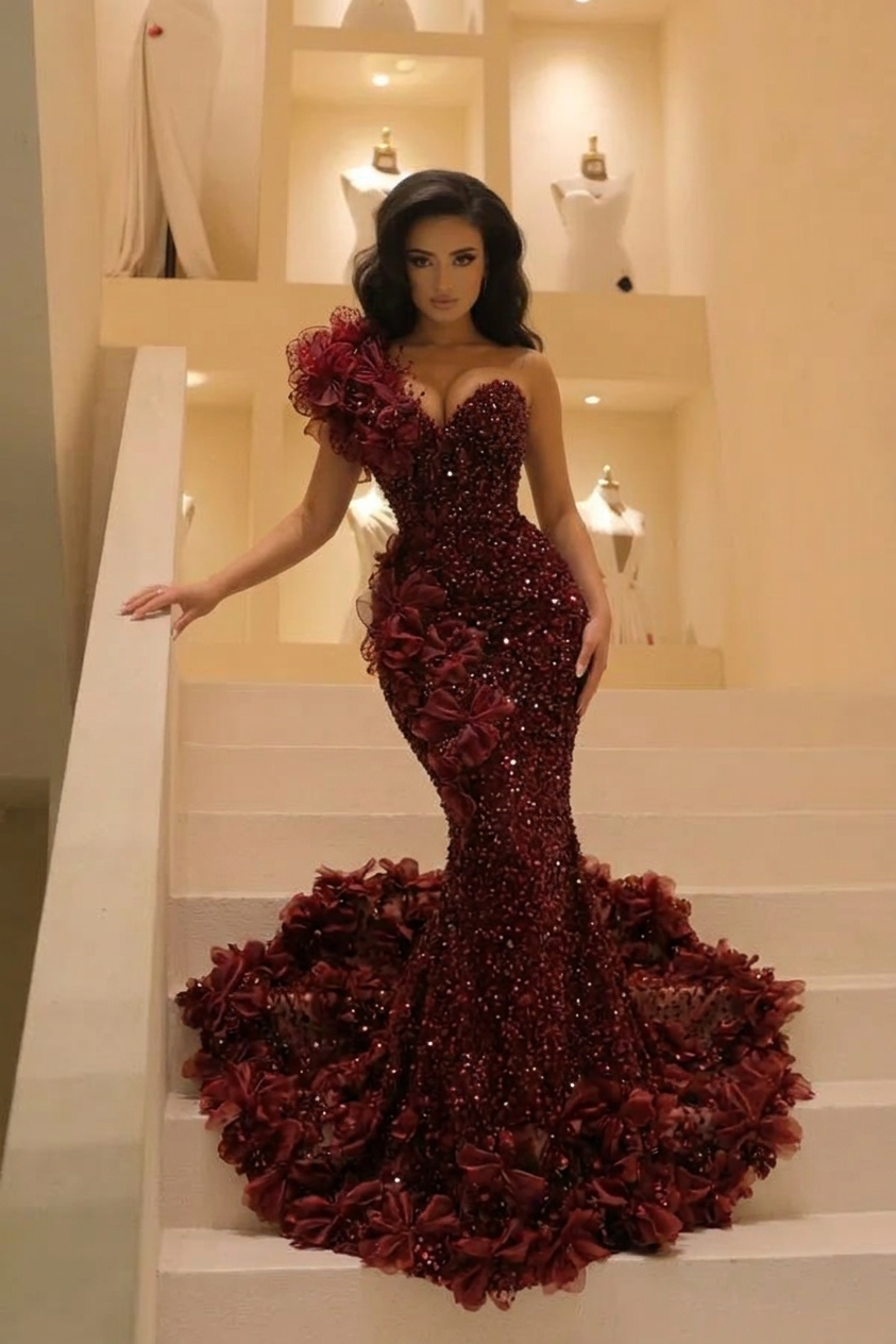 The Bordeaux Bloom - 2026 One-Shoulder Sequin Mermaid Gown: 3D Floral Appliqu�s & Crushed Garnet Beadwork (ZD17395) - VelvetHem