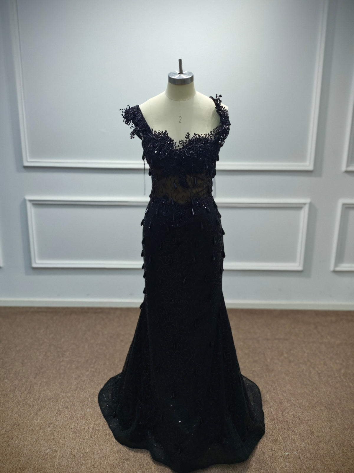Luxury Black Sequin Mermaid Prom Dress – Illusion Corset Bodice with 3D Beaded Lace & Off-the-Shoulder Detail | 2026 Gothic Glamour Evening Collection (ZD17397)