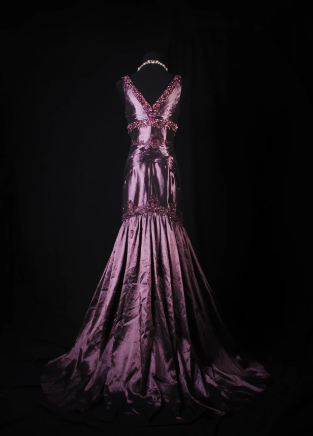 Vintage Purple V Neck Satin Beaded Mermaid Evening Dress Long Birthday Party Gown - View 6 | VelvetHem