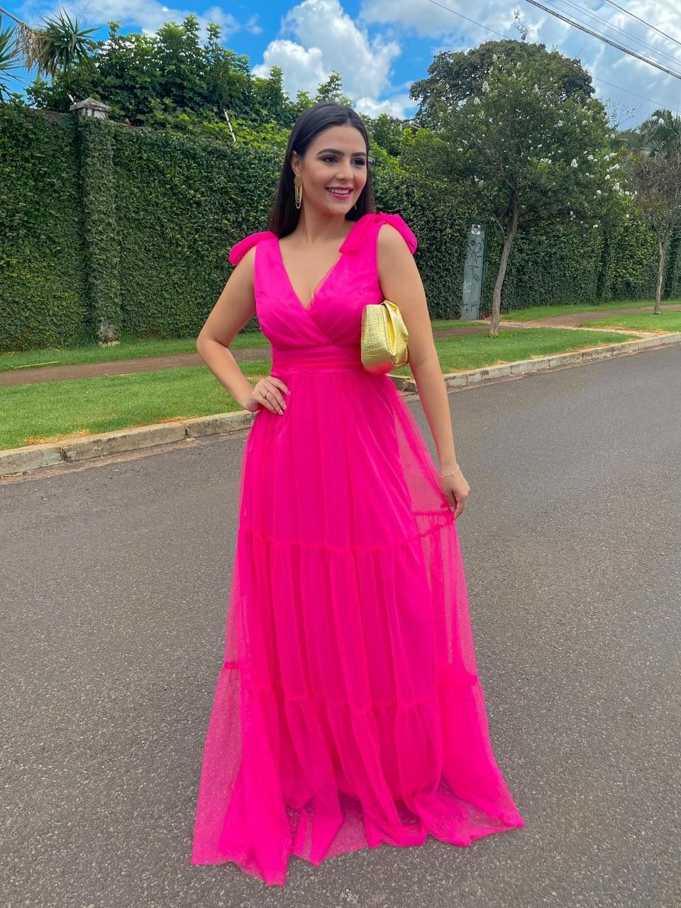 Hot Pink A-line V Neck Prom Dress,Hot Pink Spring Dress - VelvetHem