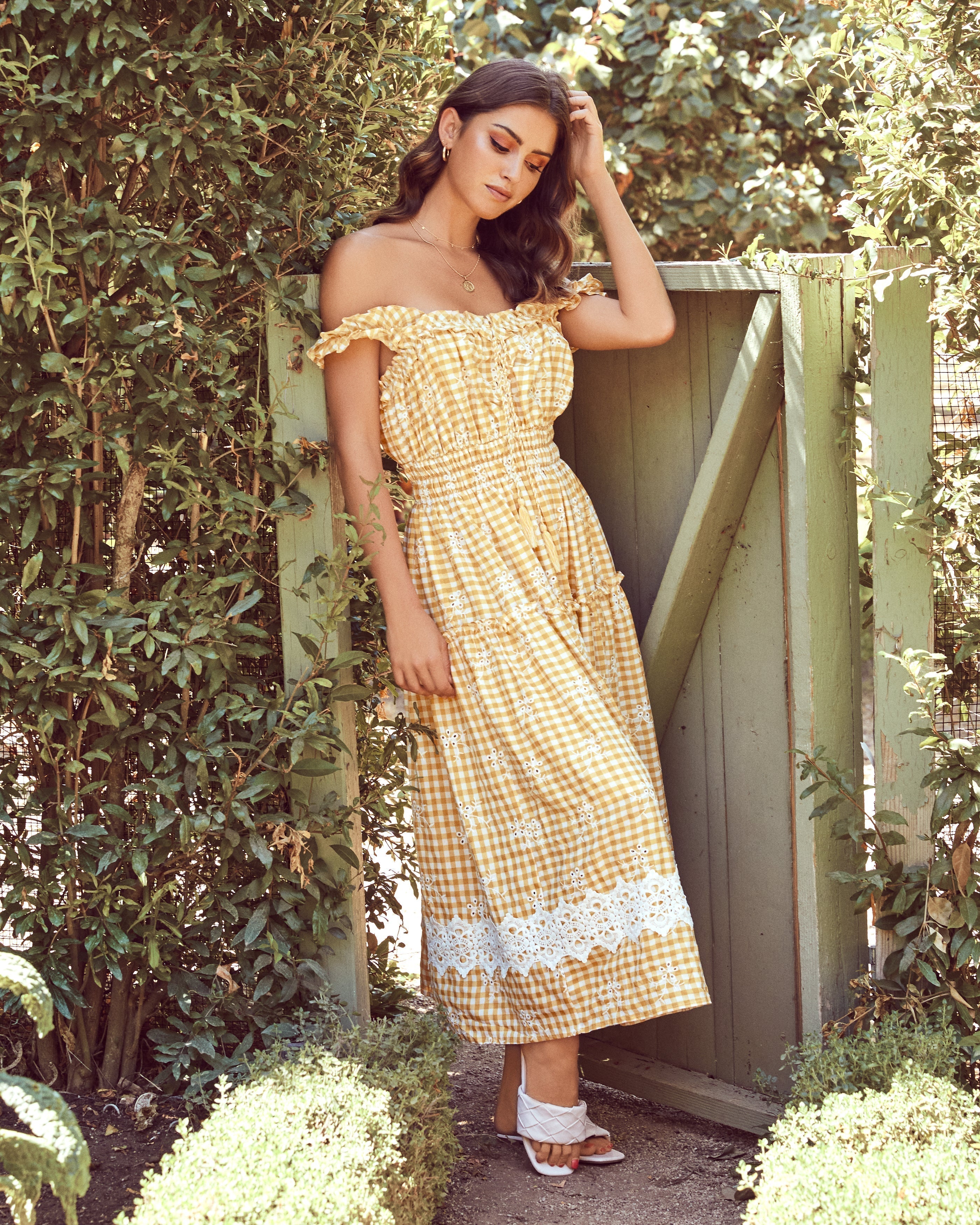 Bibi Eyelet Lace Gingham Midi Dress Mustard FINAL