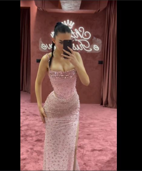 Gorgeous Pink Beaded Mermaid Slit Prom Dress Evening Dress - View 4 | VelvetHem