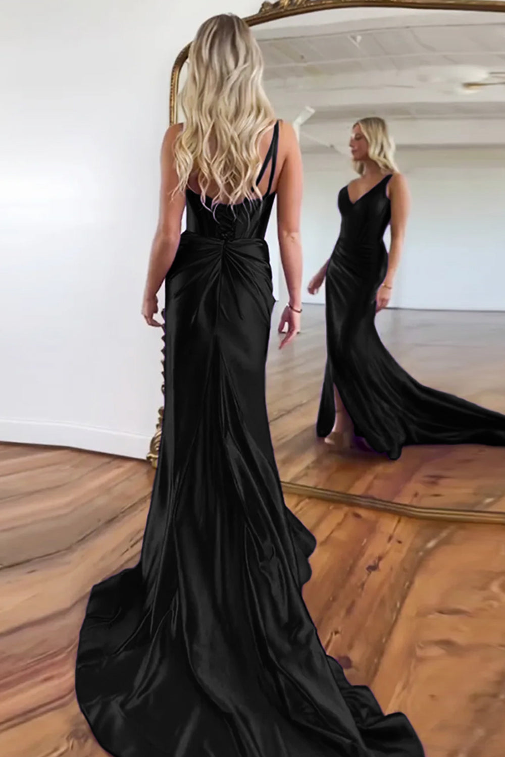 Purple Mermaid V-Neck Zipper Back Satin Long Prom Dress With Split - View 7 | VelvetHem