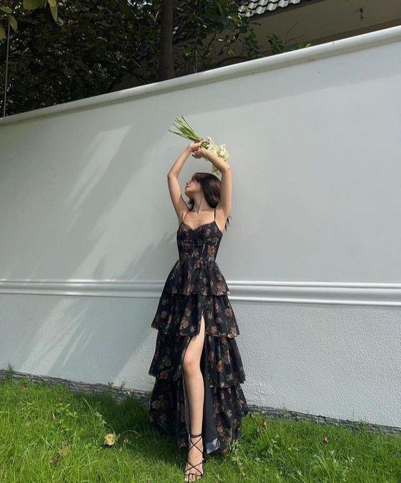 Beautiful Black Chiffon Print Floral Party Dress A Line Slit Layered Evening Dress - VelvetHem