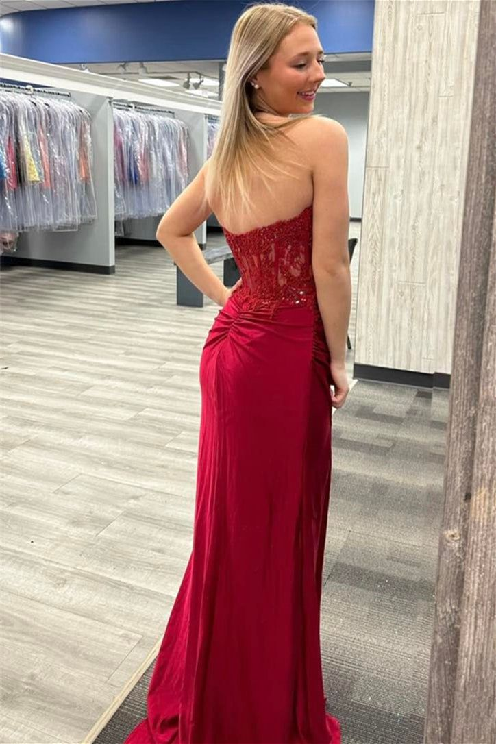 Wine Red Strapless Mermaid Appliques Long Prom Dress with Slit - View 3 | VelvetHem