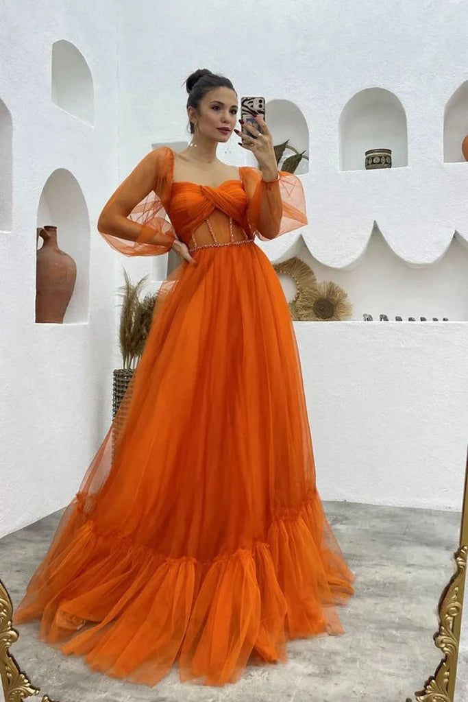 A Line Tulle Orange Long Sleeves Long Prom Dress Long Evening Dress - VelvetHem