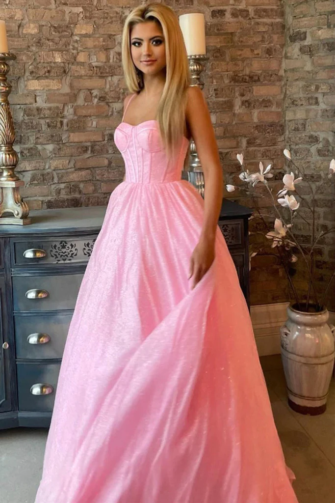 Shiny Pink Tulle Long Prom Dress, Spaghetti Straps Pink Formal Dress, Sparkly Pink Evening Dress Y209 - VelvetHem