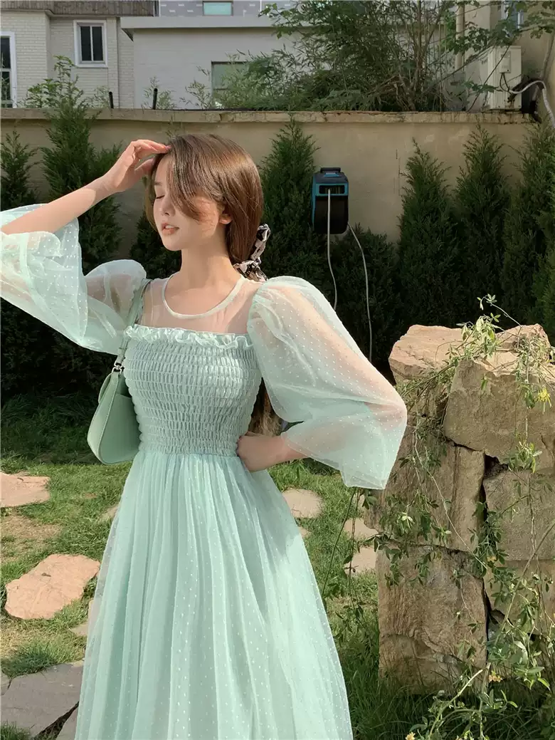 Light green skirt hollow French super fairy puff sleeve polka dot mesh dress sexy party dress - View 6 | VelvetHem