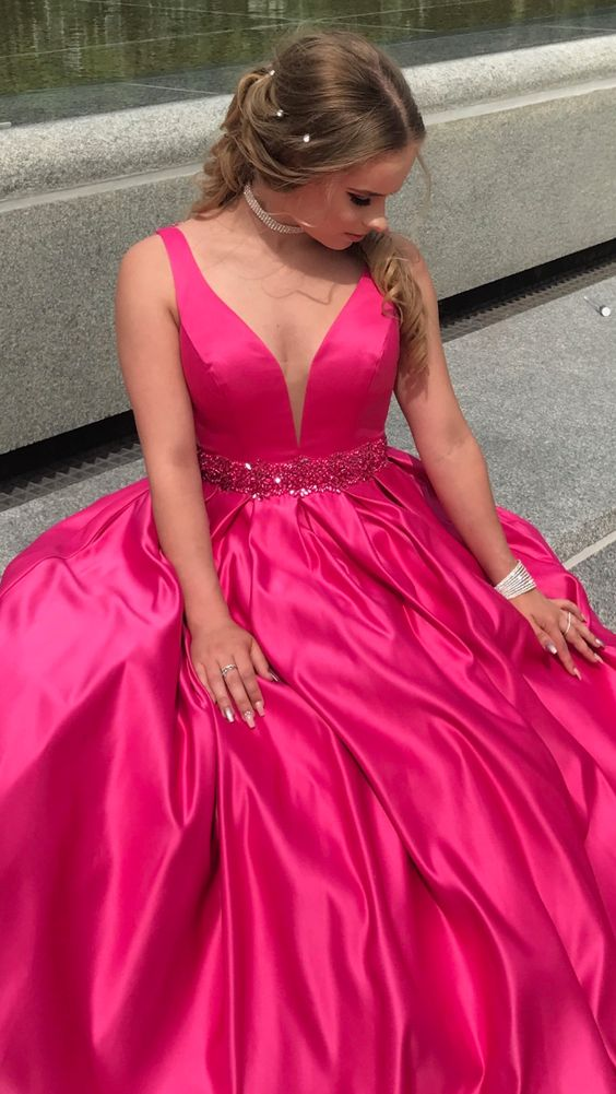 Fushia A-line Satin Prom Dress,Senior Prom Dress - VelvetHem