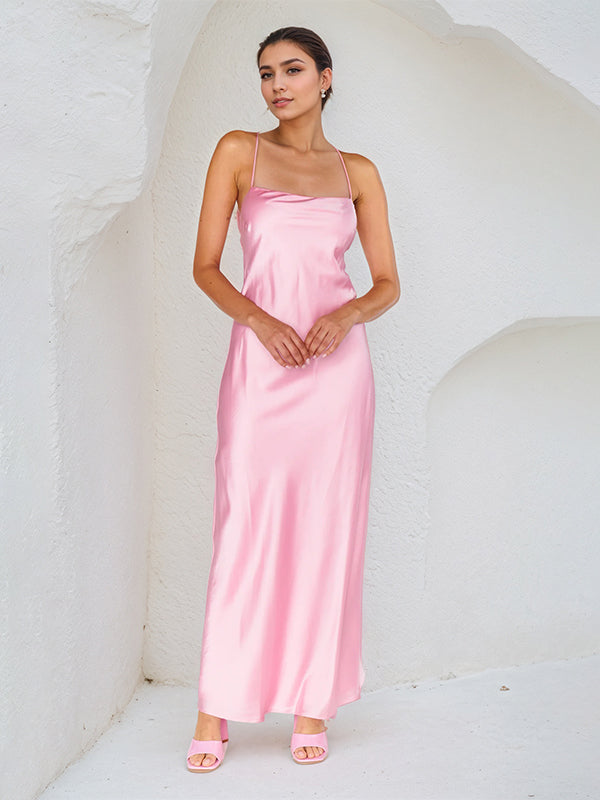 A Line Pink Satin Spaghetti Straps Sleeveless Ankle Length Dress - VelvetHem