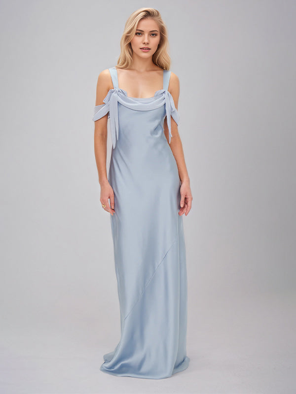 Steel Blue Satin Sheath/Column Spaghetti Straps Sleeveless Floor Length Bridesmaid Dresses