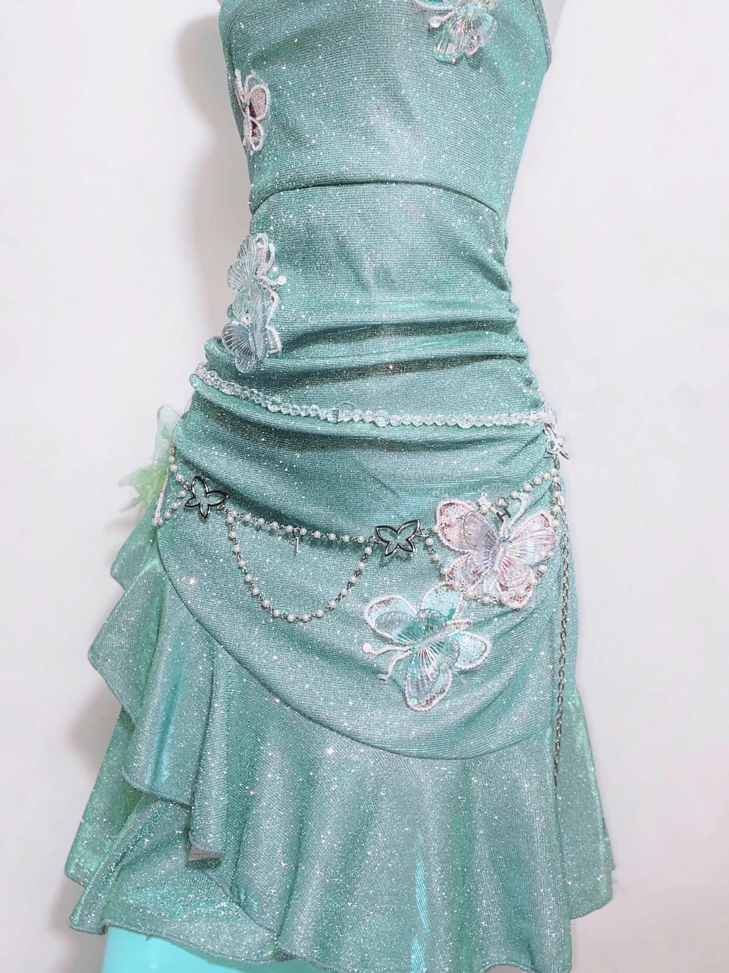 Glitter Mint Green Spaghetti Straps Sequin Ruffles Birthday Outfits Graduation Homecoming Dress