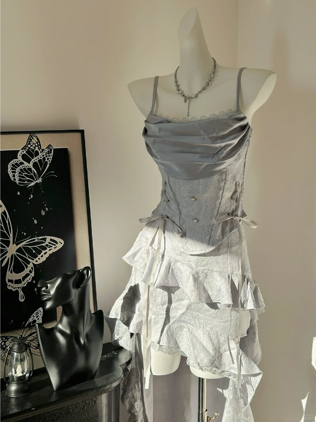 Cute Spaghetti Straps Satin Lace Ruffles A Line Homecoming Dress Formal Birthday Outfits - VelvetHem