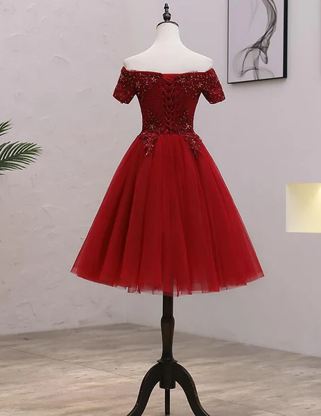 Tulle Dark Red Off The Shoulder Knee Length Homecoming Dress, Red Party Dress - View 3 | VelvetHem