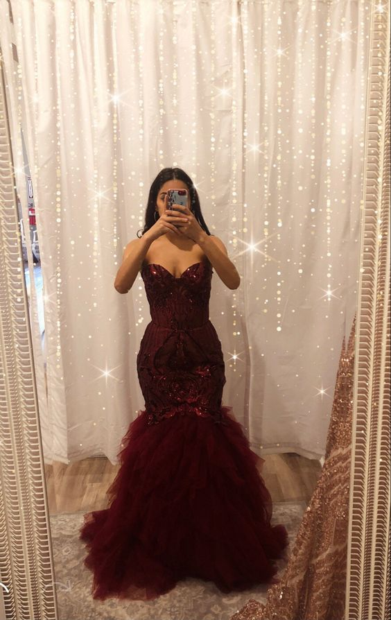 Burgundy tulle sequins long mermaid prom dress evening dress Y6351 - VelvetHem