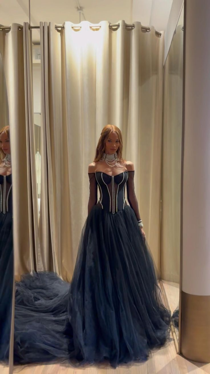 Elegant Off The Shoulder Tulle Beaded Long Evening Dress,Navy Blue Party Prom Dress - VelvetHem