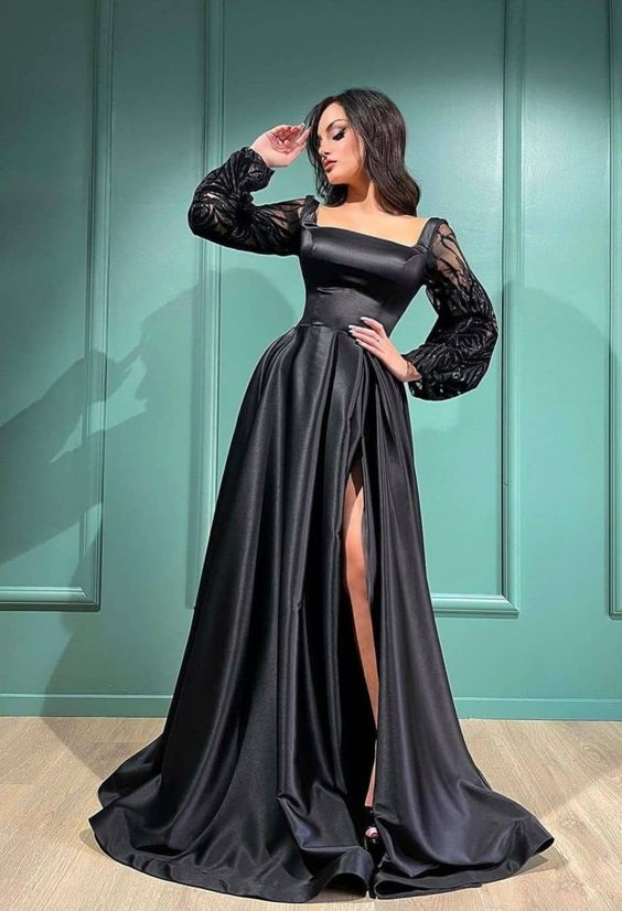 Black High Split Satin Evening Dress Square Collar Puff Long Sleeves Y7093 - VelvetHem