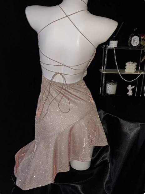 Simple Pink Spaghetti Straps Ruffles Short Homecoming Dress Cocktail Dress