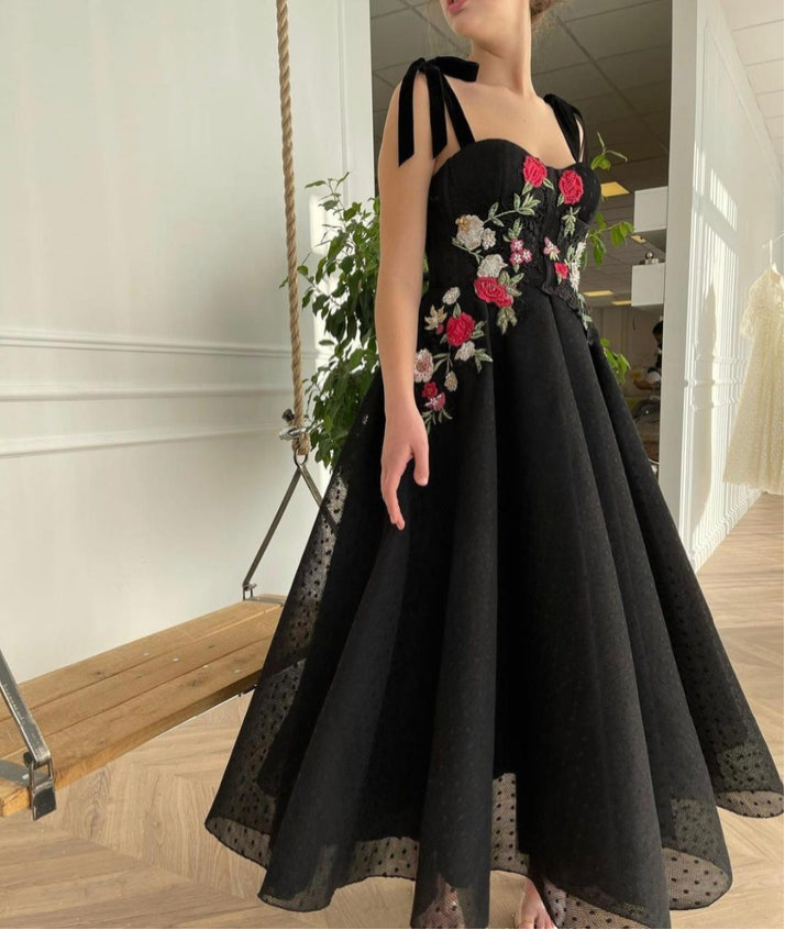 Black Polka Dot Tulle A Collection Evening Gown Colorful Floral Lace Velvet Spaghetti Straps Strap Pockets Ankle Length Dress - VelvetHem