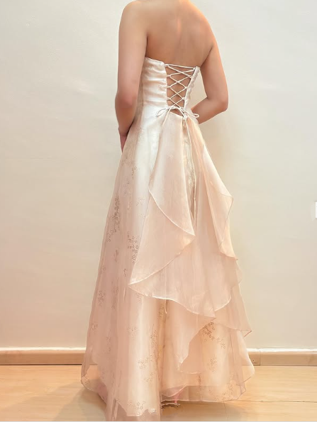 Champagne Strapless Tulle Sequins Party Dress A Line Evening Dress