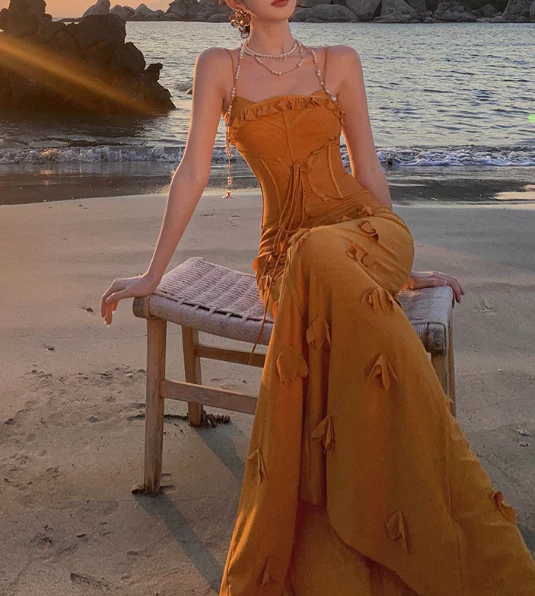 Unique Orange Mermaid Evening Gown Spaghetti Strap 3D Flower Long Prom Dress - View 3 | VelvetHem