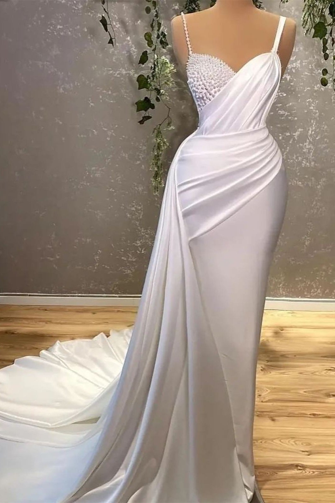 White Spaghetti Strap Mermaid Evening Dress Long With Pearls - VelvetHem