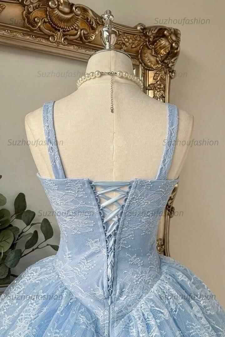 Baby Blue Lace Corset Ball Gown Mini Homecoming Dress Bow Straps & Tulle Skirt