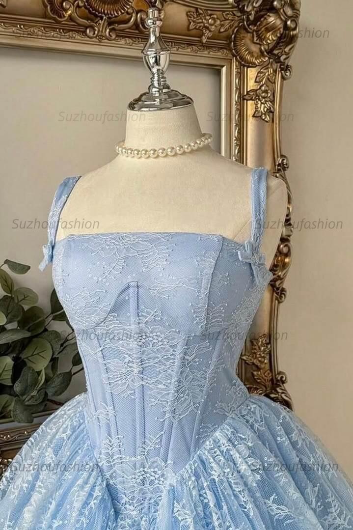 Baby Blue Lace Corset Ball Gown Mini Homecoming Dress Bow Straps & Tulle Skirt