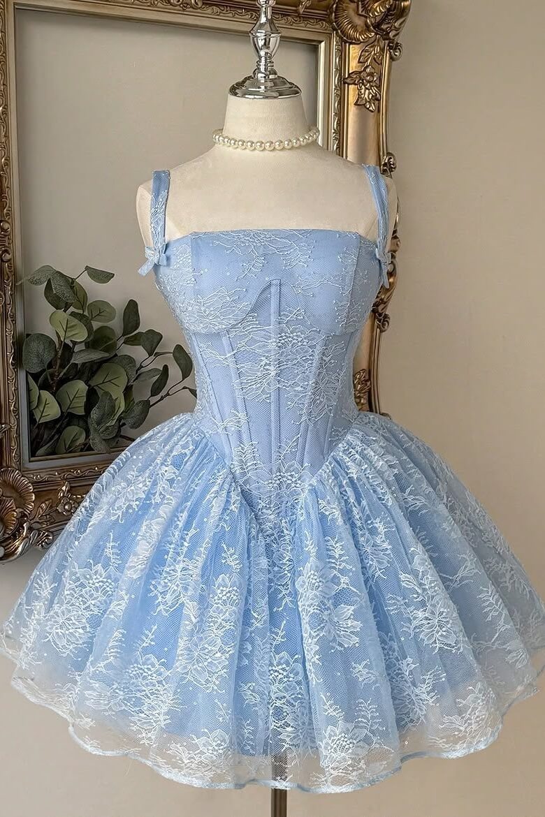 Baby Blue Lace Corset Ball Gown Mini Homecoming Dress Bow Straps & Tulle Skirt