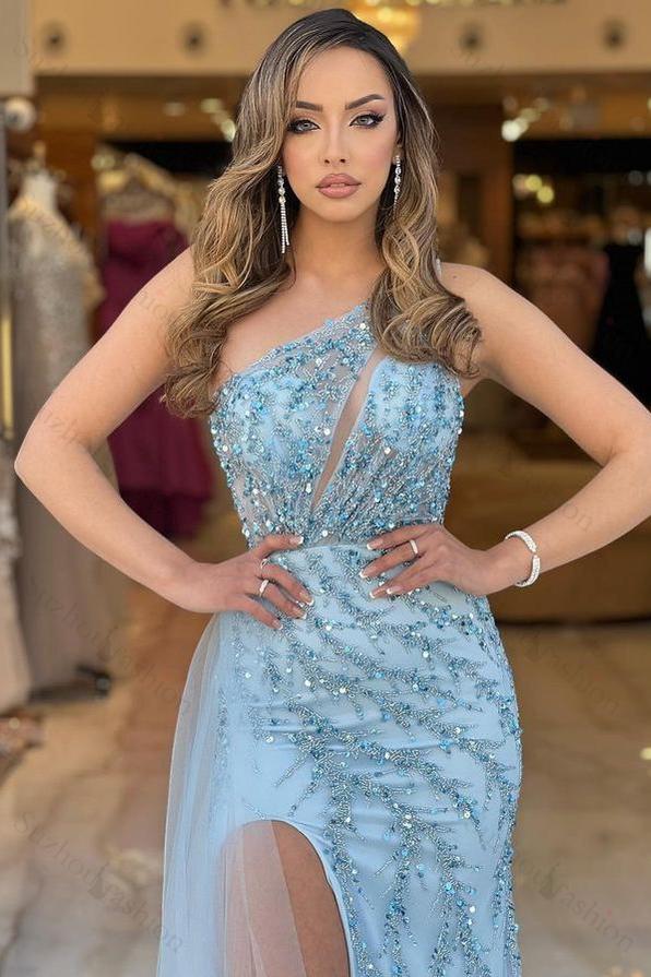 Baby Blue Prom Dress One Shoulder Sleeveless Tight Mermaid Evening Formal Dress With Tulle