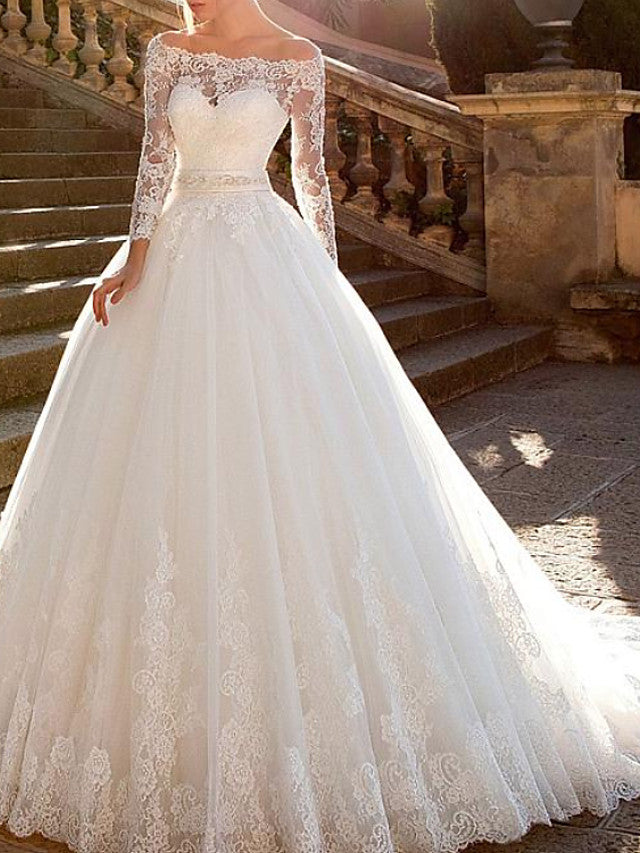 Ball Gown A-Line Wedding Dresses Off Shoulder Lace Tulle Long Sleeve Bridal Gowns Formal See-Through Court Train